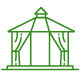 Outline of a green gazebo with curtains on both sides.