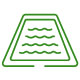 A green outline icon of a rectangular, sloped object with three wavy lines inside, representing a washboard.