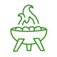 A simple green line drawing depicts a barbecue grill with flames rising from it.