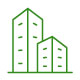 Icon depicting two green outlined buildings of different heights on a white background.